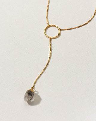 Gold lariat necklace with raw quartz charm by Luna Norte Jewelry.