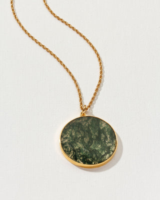 Gold and green moss agate long length medallion necklace by Luna Norte Jewelry.