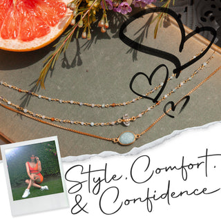 Decorative design that reads "Style, Comfort, and Confidence" next to a polaroid of a women in orange workout clothes, and a display of several of Luna Norte's necklaces.