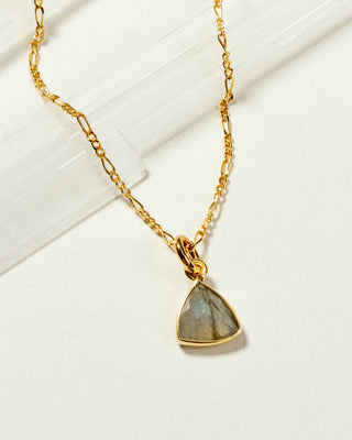 Close up of Labradorite Bermuda Triangle Dainty Collar Necklace with a 14 Karat Gold Plated Brass chain laying on a white background.