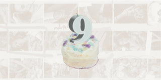 Large number 9 birthday candle atop a cake, celebrating Luna Norte's 9th anniversary!