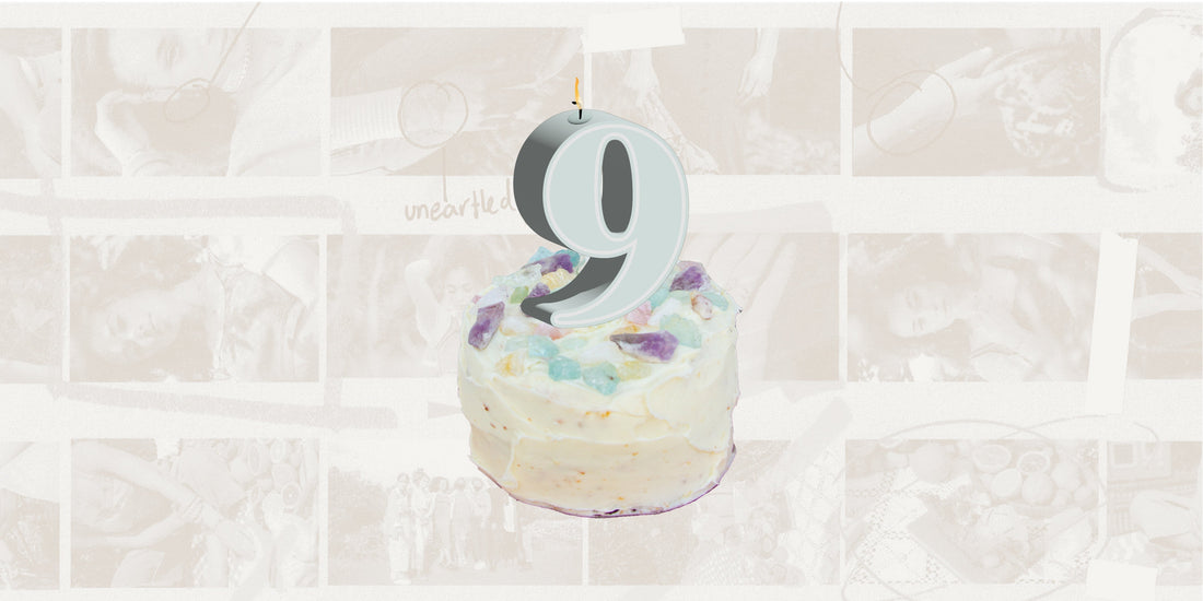 Large number 9 birthday candle atop a cake, celebrating Luna Norte's 9th anniversary!