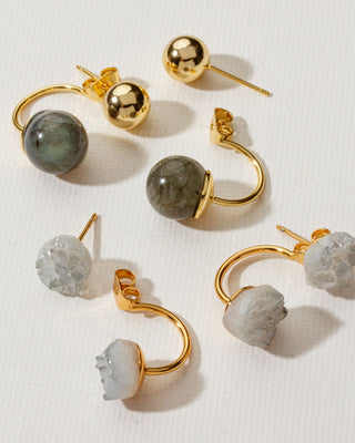 Pairs of front back earrings in gold, quartz, and labradorite by Luna Norte Jewelry.