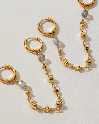 Pair of dangly side by side gold and quartz earrings by Luna Norte Jewelry