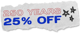 Promotional banner with '250 Years, 25% Off' text with star doodles on a piece of ripped white paper