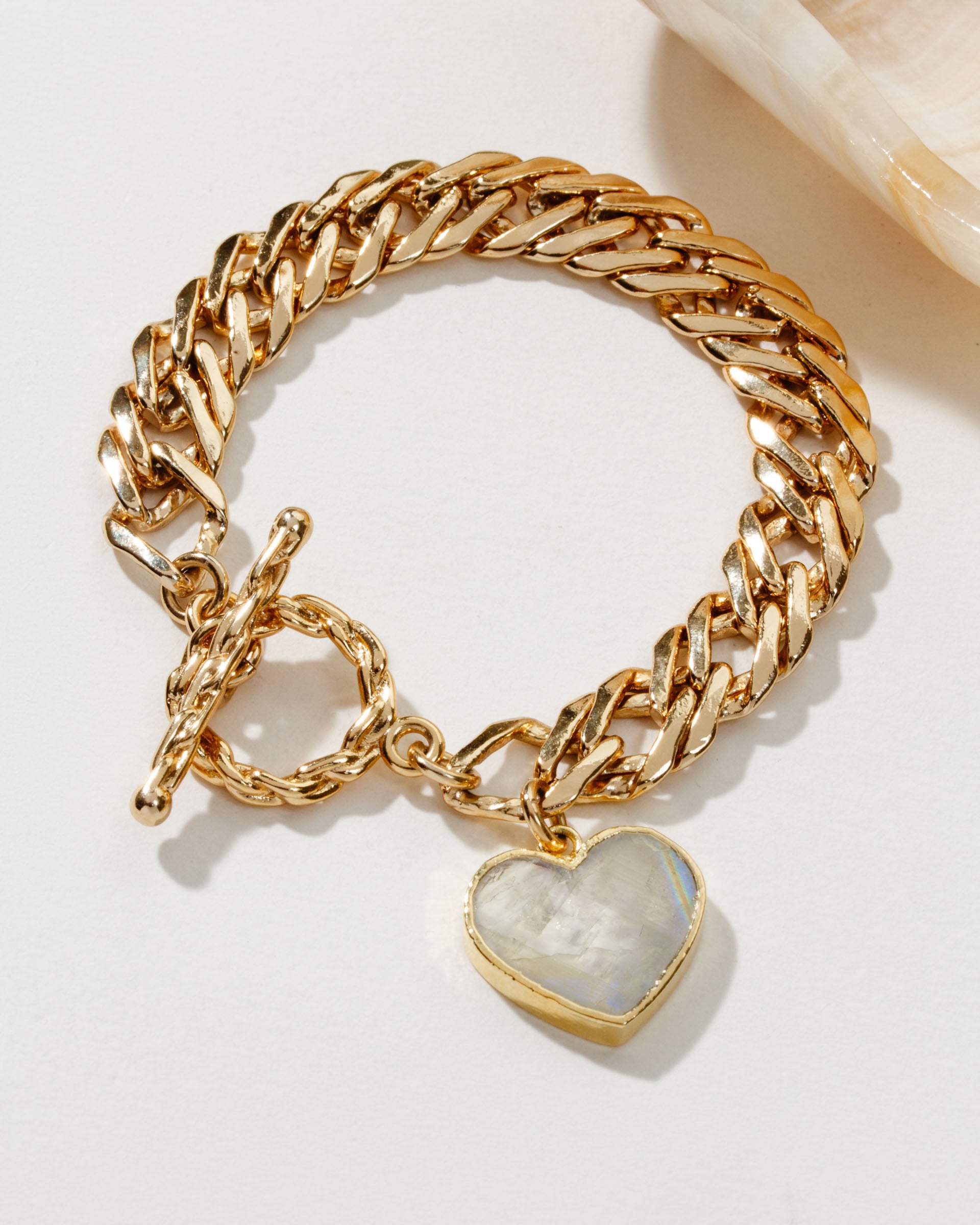 Gold Heart of Gold Toggle Bracelet with a Moonstone heart-shaped gemstone.
