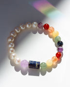 Multicolored beaded bracelet on a white background with rainbow light effect