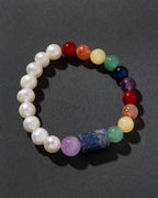 Multicolored beaded bracelet on a dark gray background