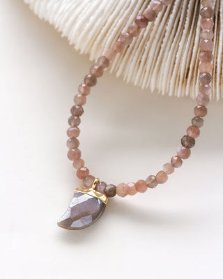 A collar-length necklace with shark tooth shaped coffee moonstone charm and beads. Displayed against a white background with a shell.