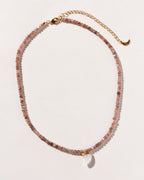 Collar necklace with coffee moonstone beads and carved rainbow moonstone shark-tooth shaped charm