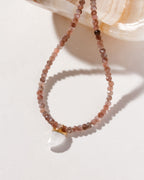 Collar necklace with coffee moonstone beads and carved rainbow moonstone shark-tooth shaped charm
