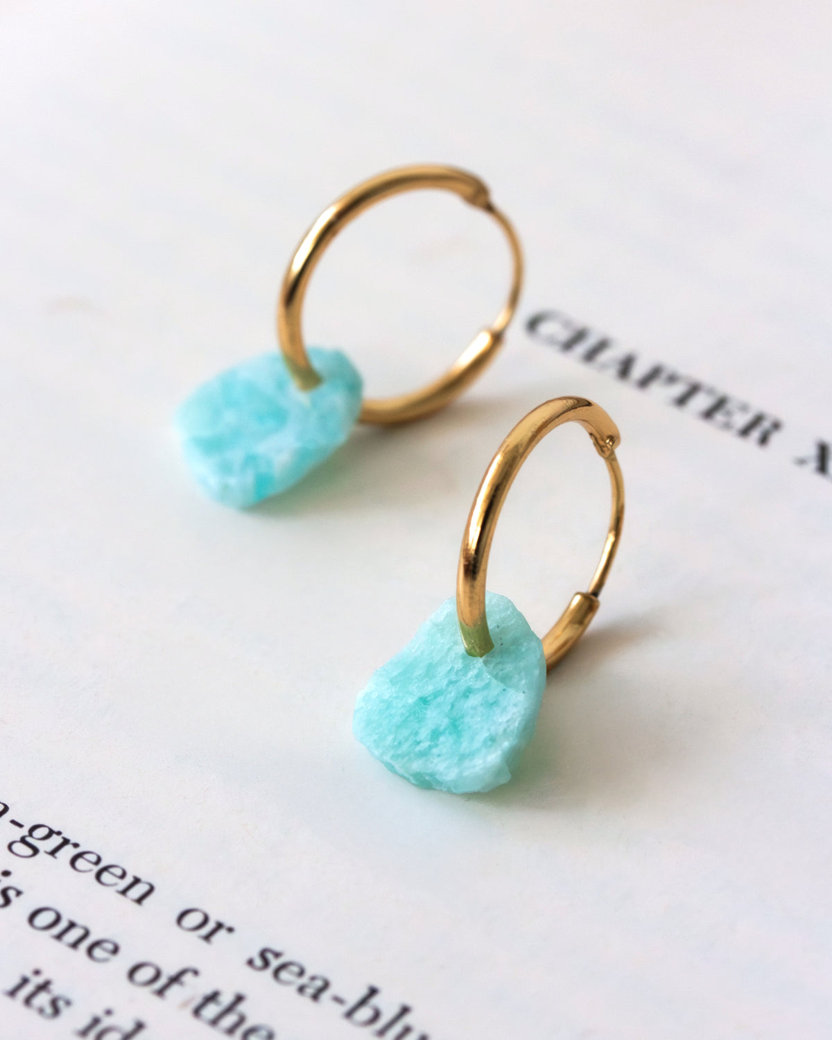 Gold-plated hoops with raw-edge amazonite gemstone charms