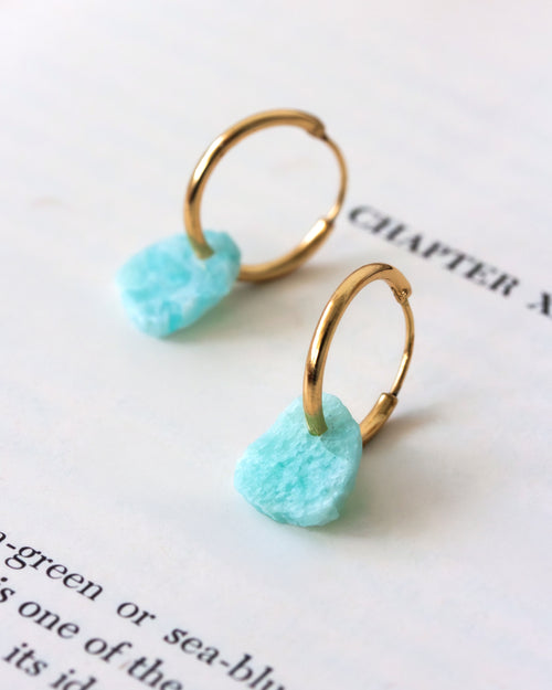 Gold-plated hoops with raw-edge amazonite gemstone charms