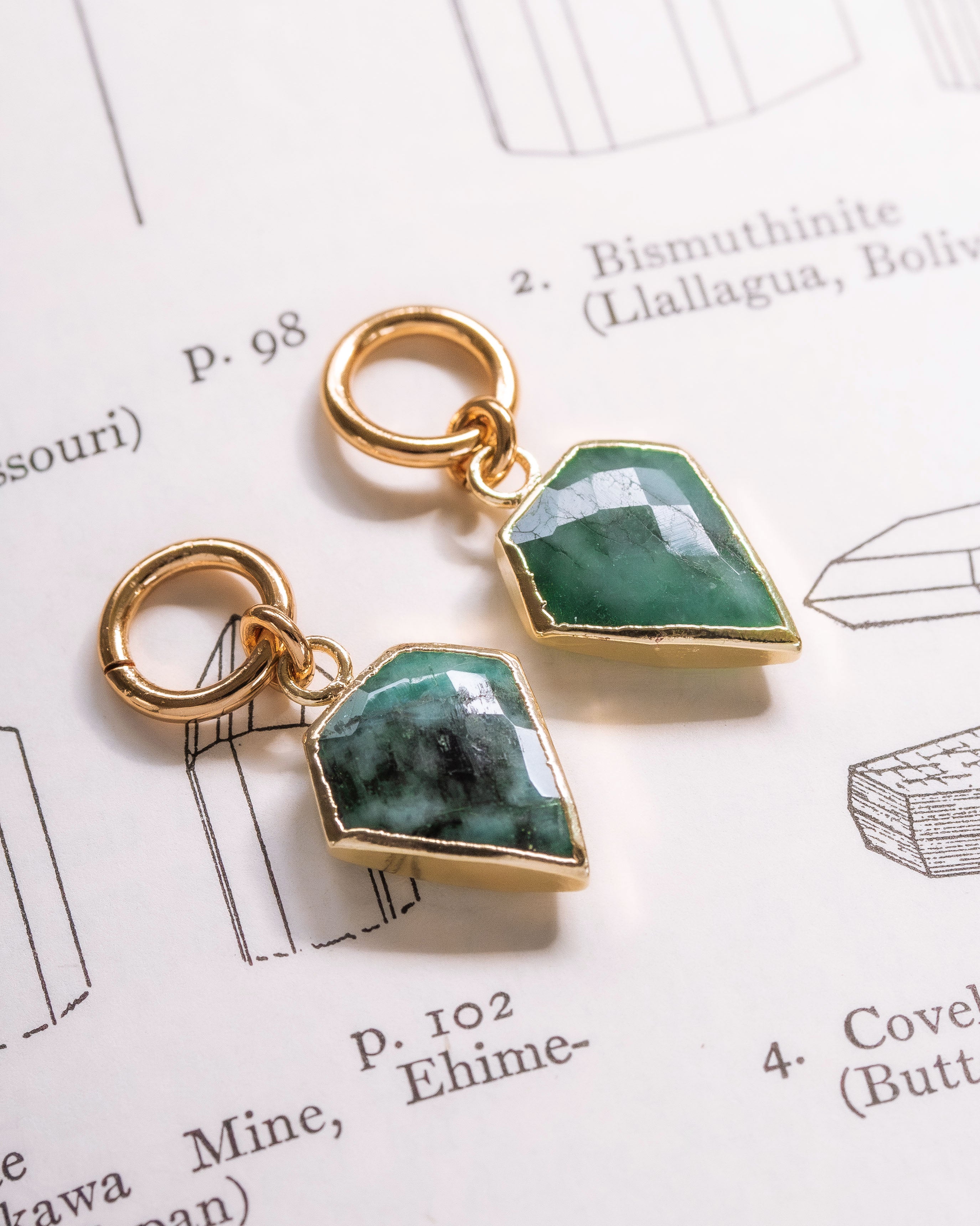 Pair of gold interchangeable earring charms with emerald gemstone, resembling a diamond shape