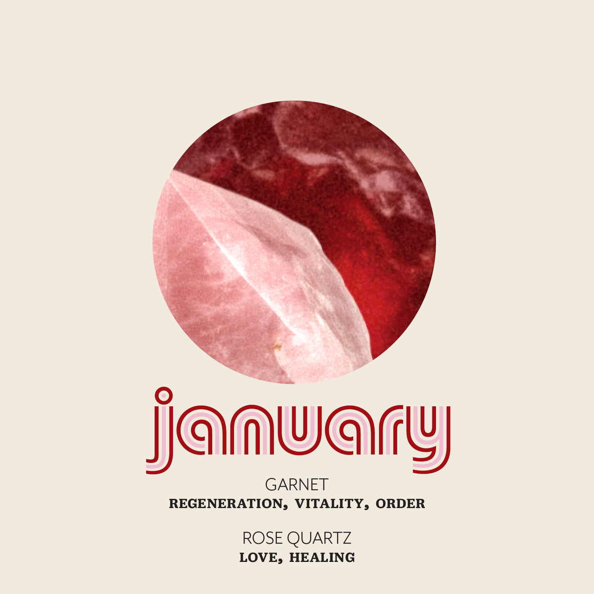 Stylized text 'January' with 'Garnet: Regeneration, Vitality, Order' and 'Rose Quartz: Love, Healing' below.