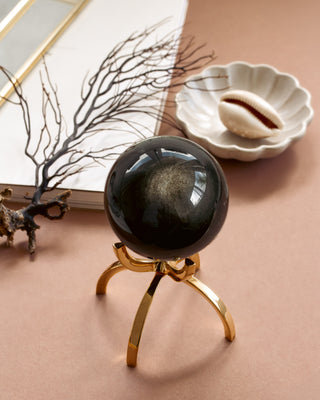 Black crystal ball on a gold stand with a shell and branches in the background