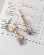 Gold and gray shark-tooth shaped coffee moonstone earrings, with CZ crystal elements