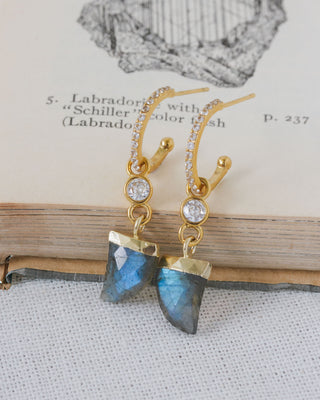 Gold earrings with blue-green labradorite shark tooth shaped stone drops on an open book