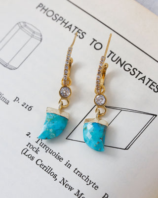 Turquoise shark-tooth shaped earrings with gold and cz crystal details on an open book