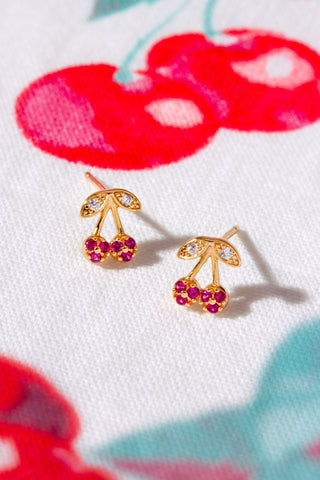 14KT Gold plated sterling silver cherry earrings with red stones and clear stones.