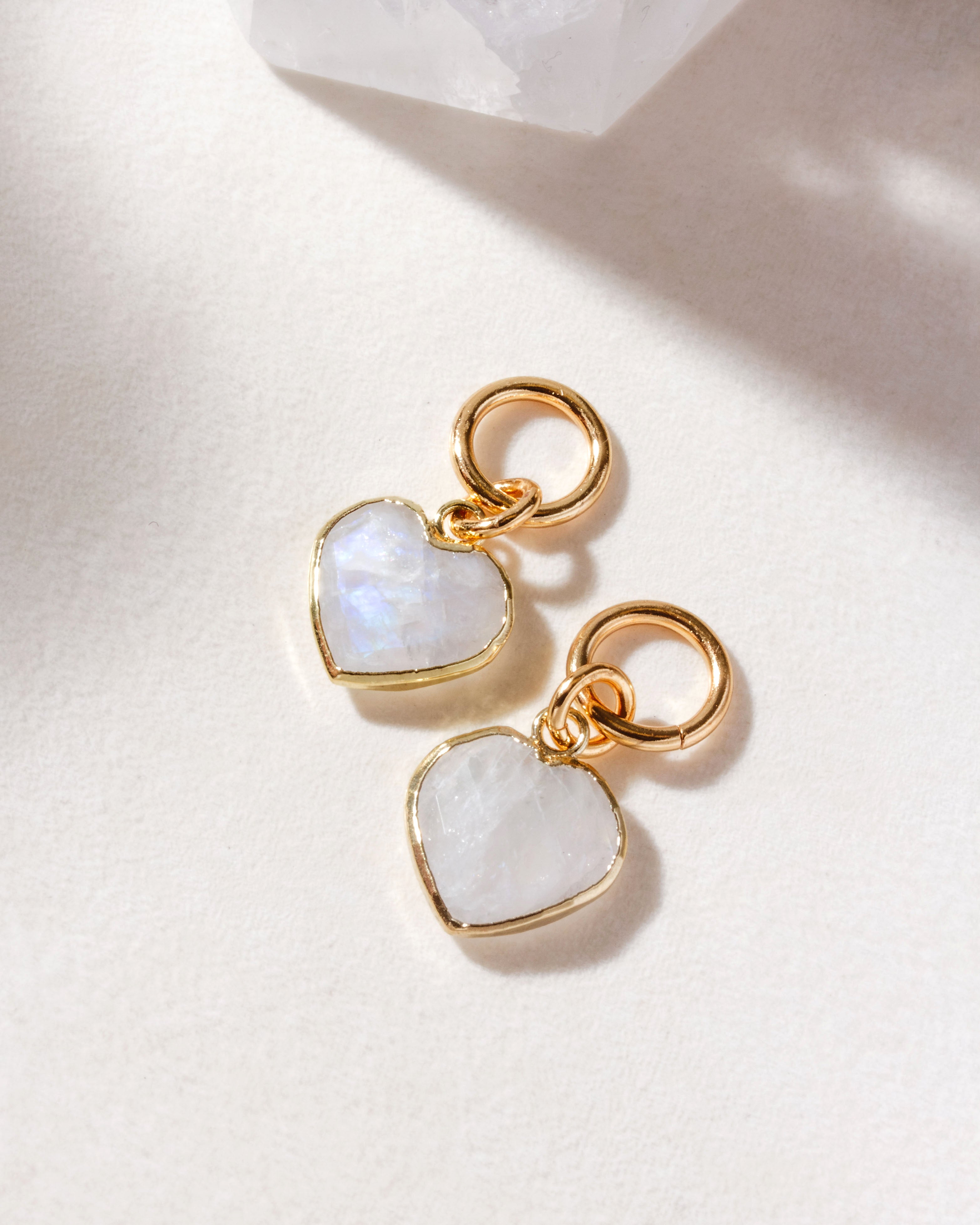 Pair of interchangeable hoop earring charms with heart shaped moonstone gemstones