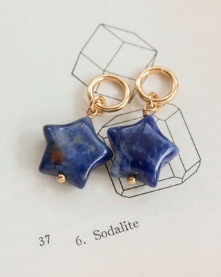 Two interchangeable blue sodalite hoop earring charms with a star shape, on a book page.