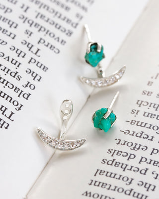 A pair of sterling silver earrings with raw-cut turquoise stones set above crescent-shaped jackets, displayed on a book page.