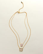 Complete image of layered necklace with a gold chain and pink Druzy and rose quartz pendants