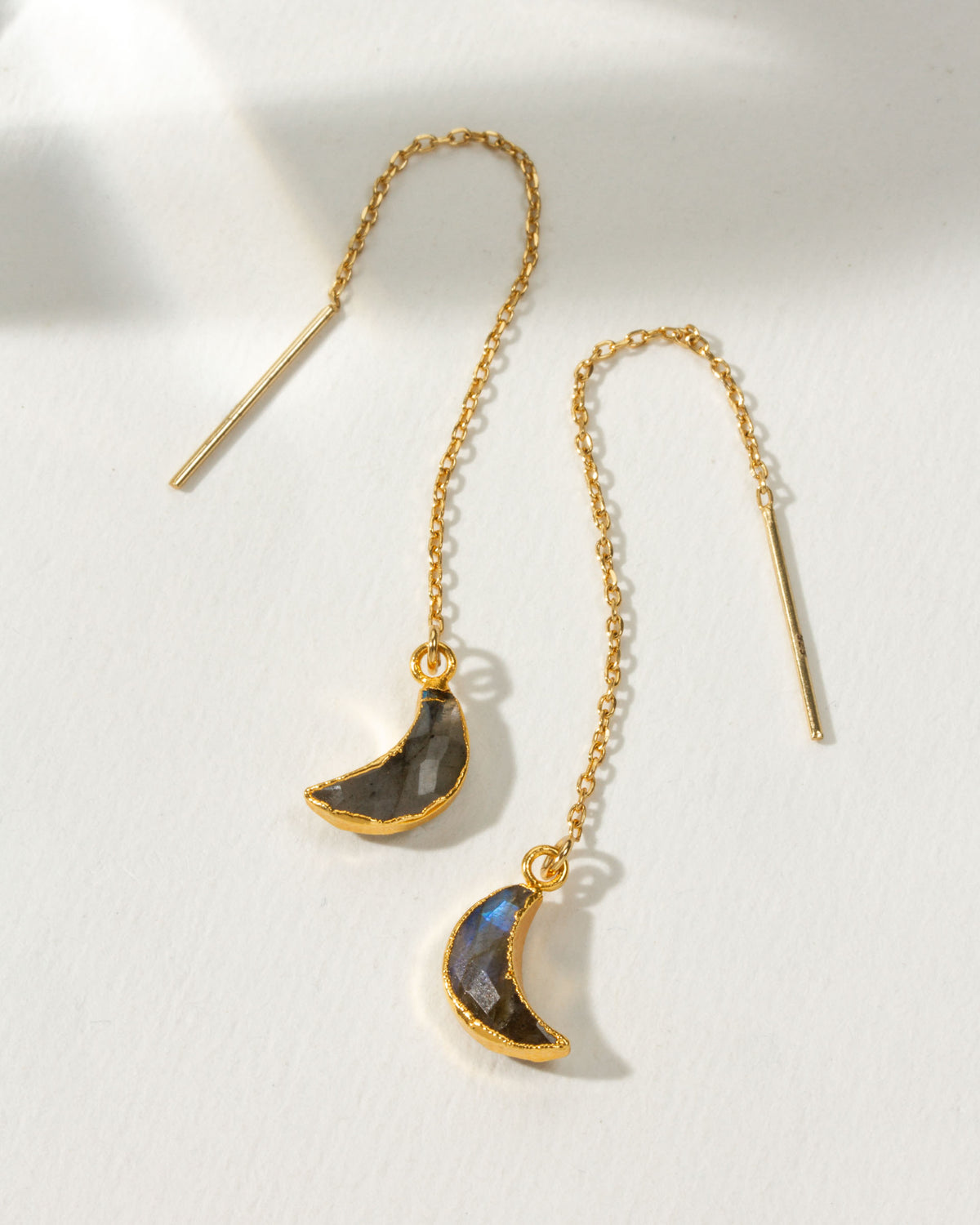Gold Eclipse threader earrings with Labradorite gemstone crescent moons.