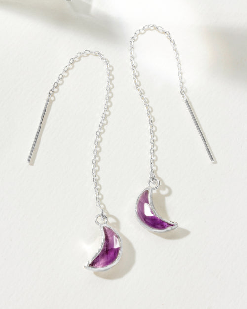 Two Eclipse Threader Earrings in Sterling Silver with Amethyst gemstone crescent moons.
