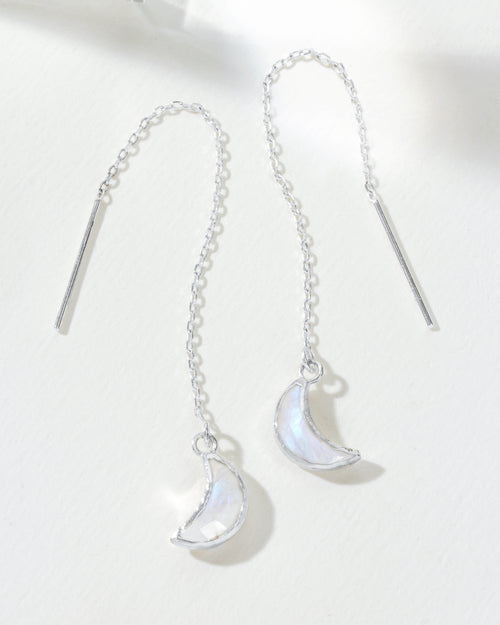 Two sterling silver Eclipse Threader Earrings with moonstone crescent pendants are