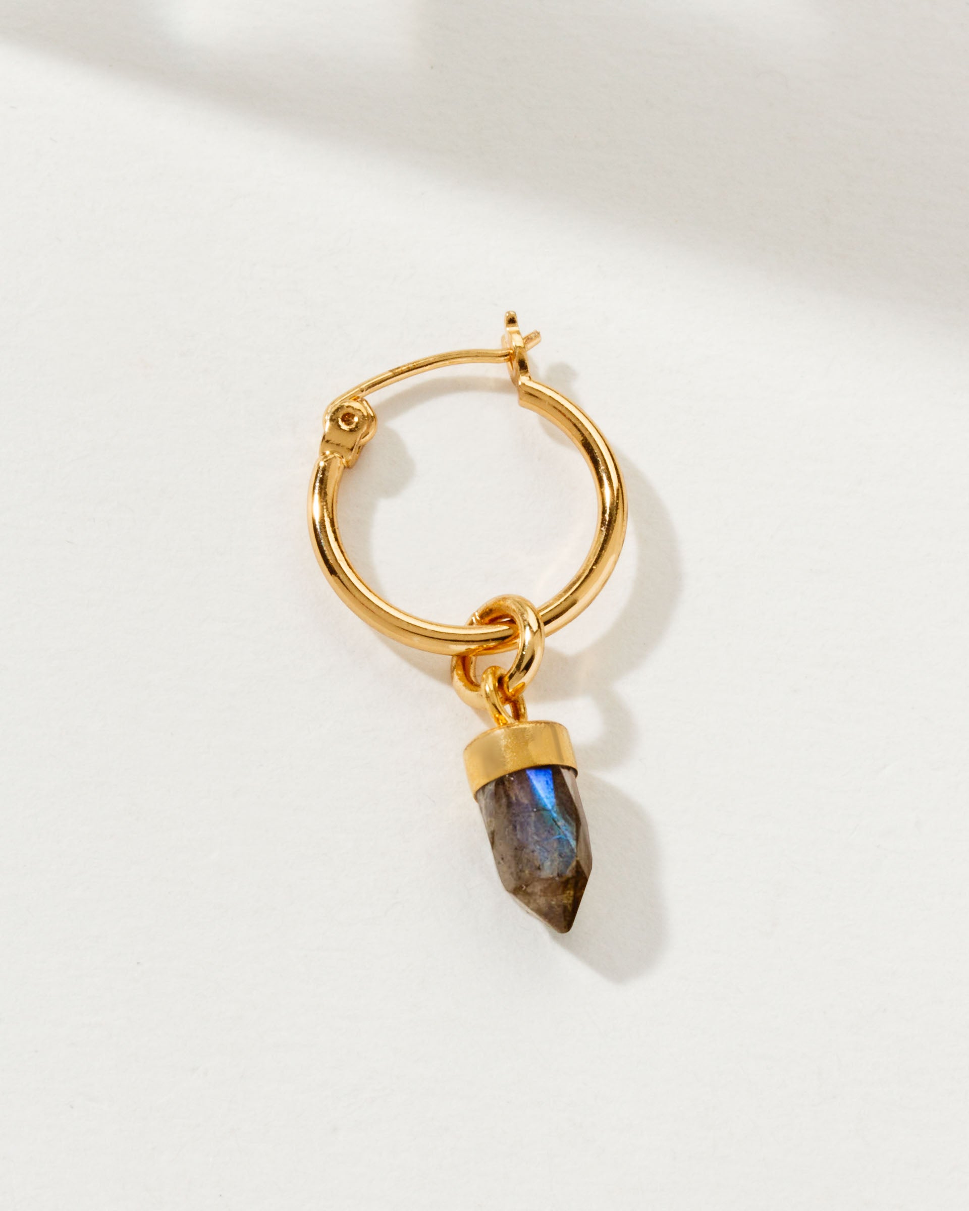 Gold hoop earring with a Labradorite gemstone charm.