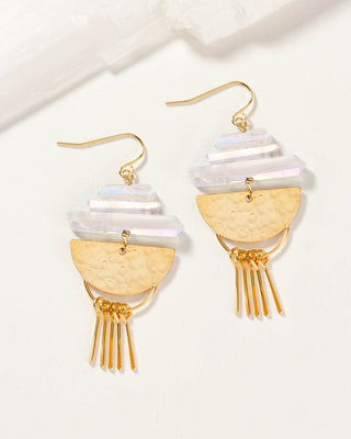 Gold and clear quuartz fish hook fringe statement  earrings on a light background