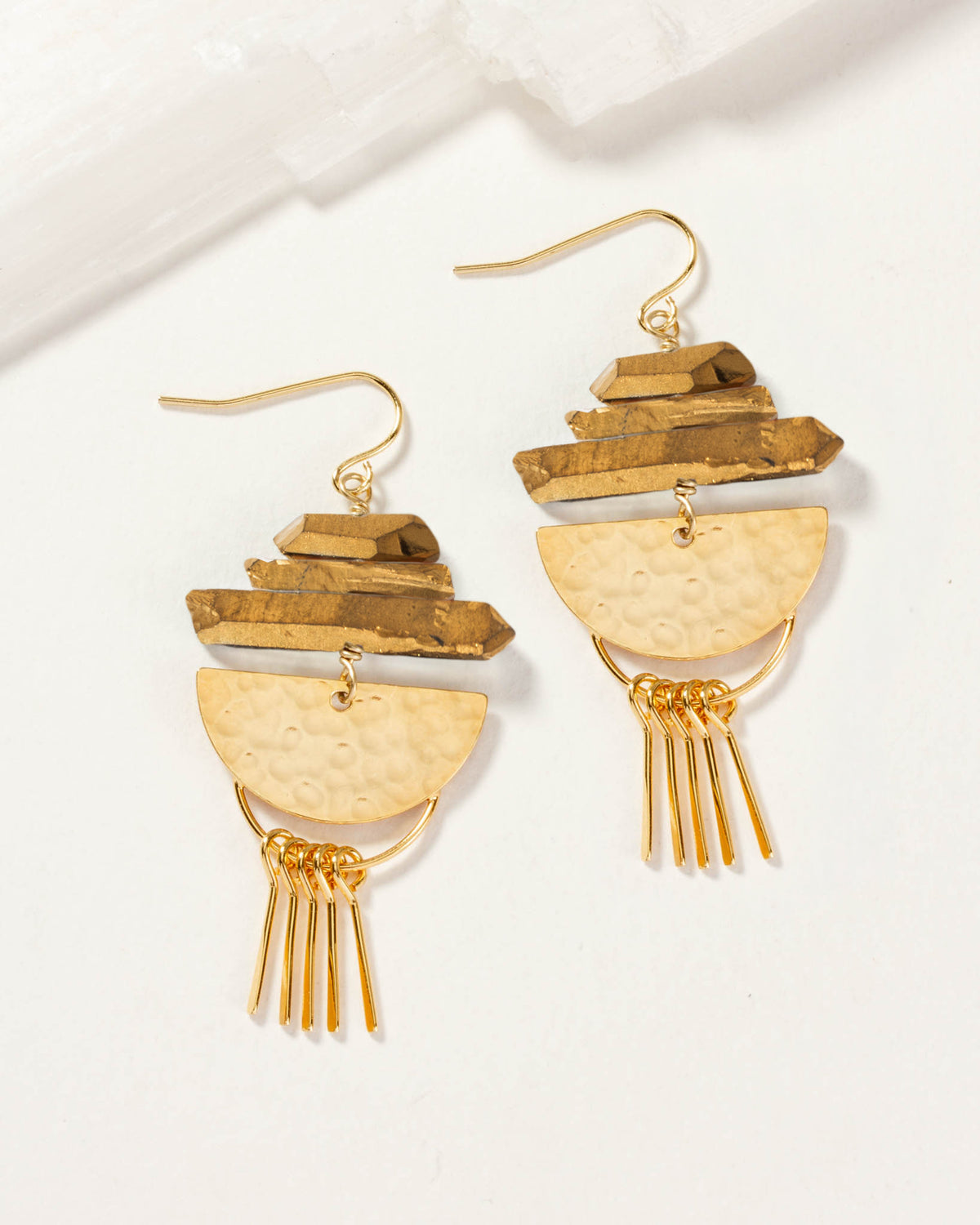 Gold quartz fringe fish hook earring pair.