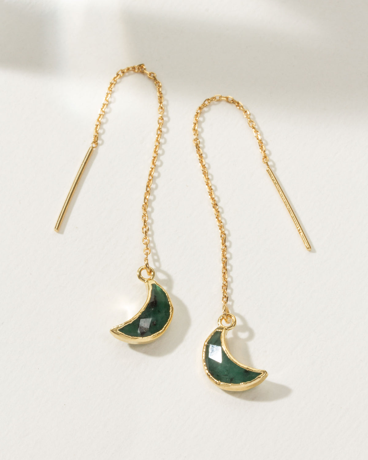 Gold Eclipse Threader Earrings with Emerald gemstone crescent moons.