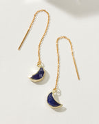 Gold Eclipse Threader Earrings with a sapphire gemstone crescent moon.