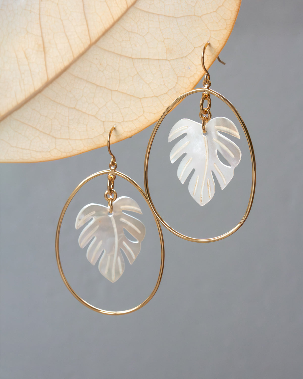 Gold hoop earrings with mother-of-pearl leaf-shaped cutouts hanging on a leaf