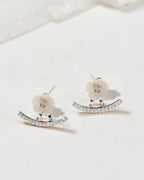 A pair of silver stud earrings featuring a mother of pearl carved flower with curved CZ front back jacket.