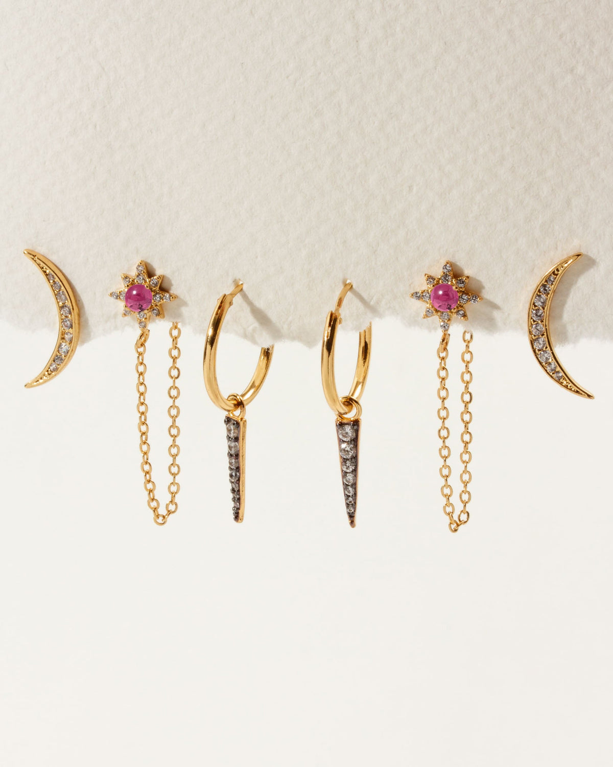 Twilight Earring Set with gold, crescent moon, star with Tourmaline, chain and spike charm hoops.