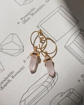 Gold hoop earrings with rose quartz pendants on a background of crystal drawings