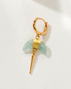 Crescent Quill Dangler Solo Hoop Earring with Aquamarine gemstone and golden hoop.
