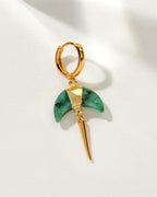 Crescent Quill Dangler Solo Hoop Earring with Emerald gemstone and golden hoop.