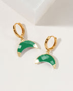 Crescent horn huggie hoop earrings with green chalcedony gemstones and gold-tone hoops.