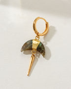 Crescent Quill Dangler Solo Hoop Earring with Labradorite gemstone and gold accents.