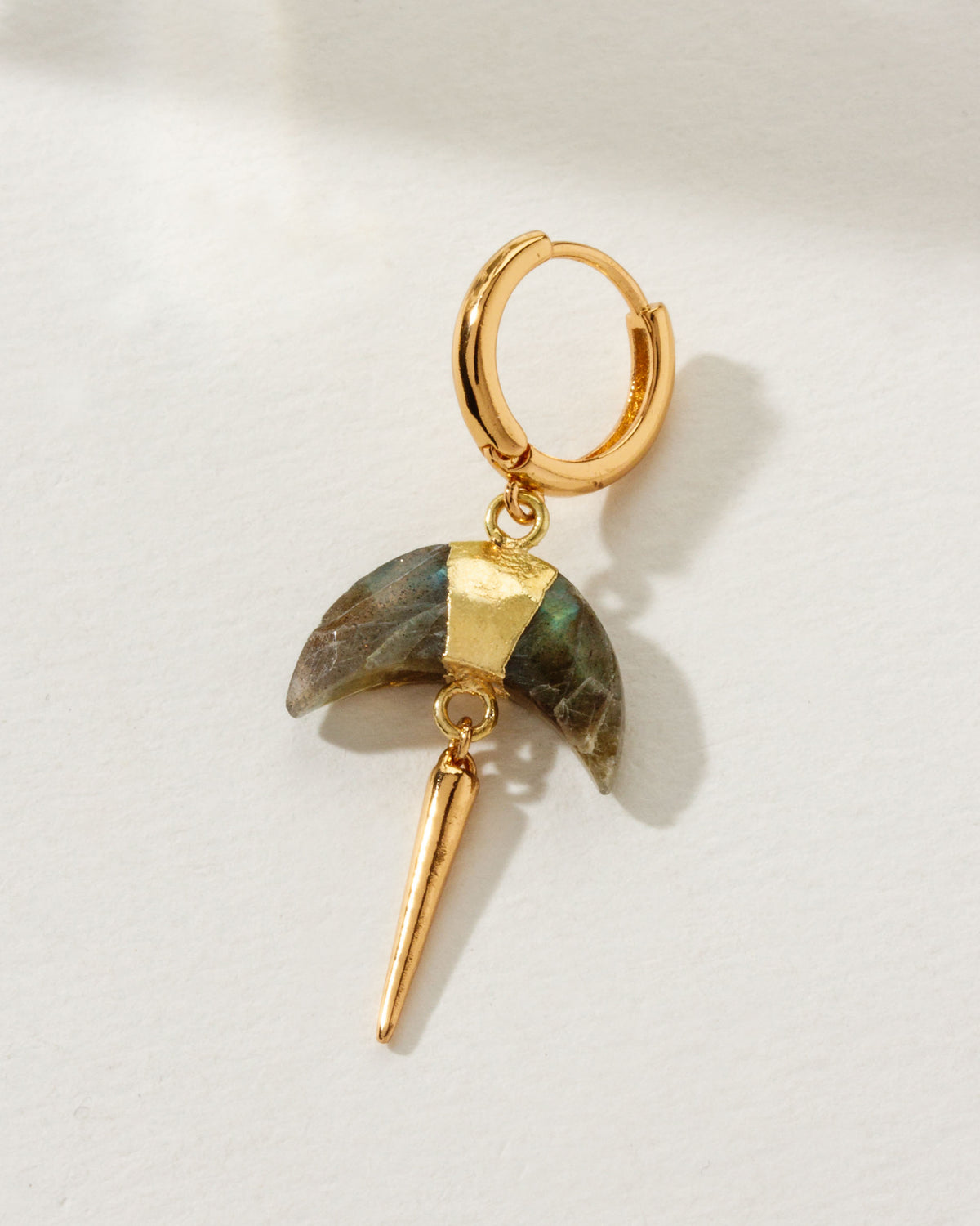 Crescent Quill Dangler Solo Hoop Earring with Labradorite gemstone and gold accents.