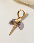 Crescent Quill Dangler Solo Hoop Earring in Coffee Moonstone with gold accents.