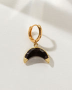 Celestial Curve Solo Hoop Earring with Onyx crescent gemstone and gold huggie hoop.