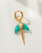 Crescent Quill Dangler Solo Hoop Earring with Turquoise gemstone and gold accents.