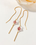 Pendulum Threader Earring with Strawberry Quartz and gold chain and rod.