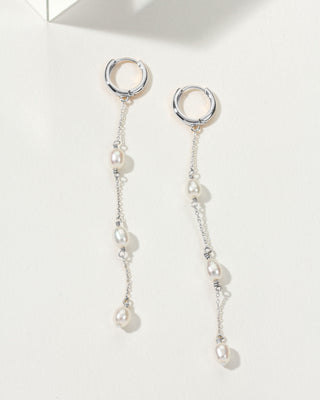 Stacked Pearl Huggie Hoop Earrings Silver